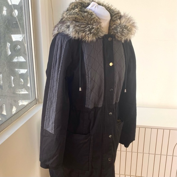 French Connection FC Jeans Faux-Fur Hood Quilted Parka Coat Black/Charcoal, US 6 - Picture 4 of 11